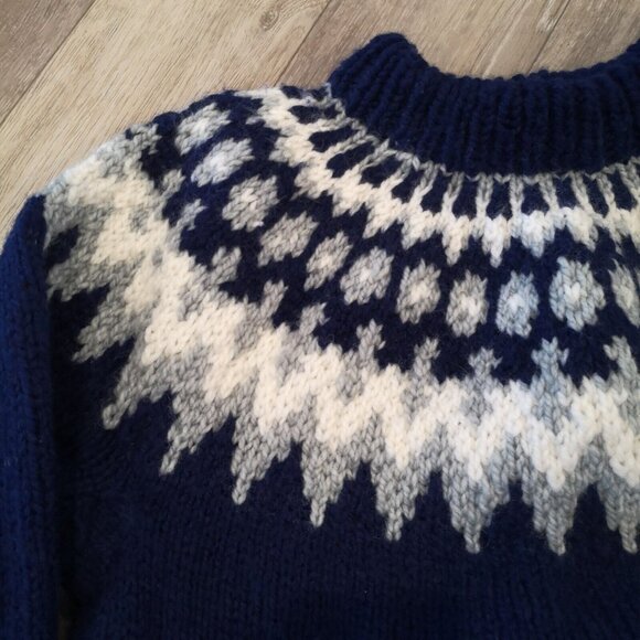 Vintage Wool Fair Isle Sweater Hand Knit Chunky Blue White Men's M Wom L Lovely - Picture 2 of 16